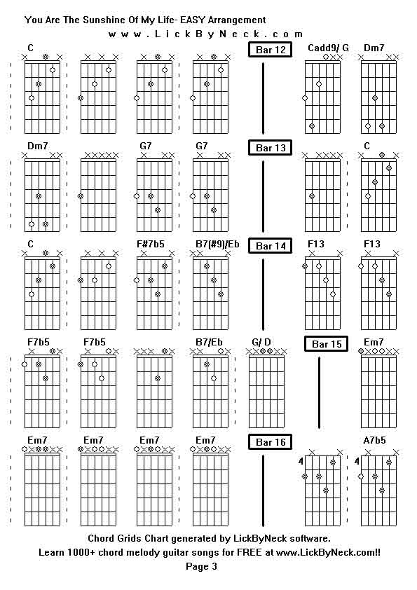 Chord Grids Chart of chord melody fingerstyle guitar song-You Are The Sunshine Of My Life- EASY Arrangement,generated by LickByNeck software.